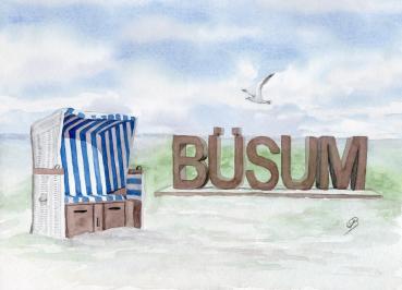 Poster DIN-A4 Aquarell Maritim Kunst Druck Kunstdruck Nordsee Büsum  Strandkorb Strand Meer